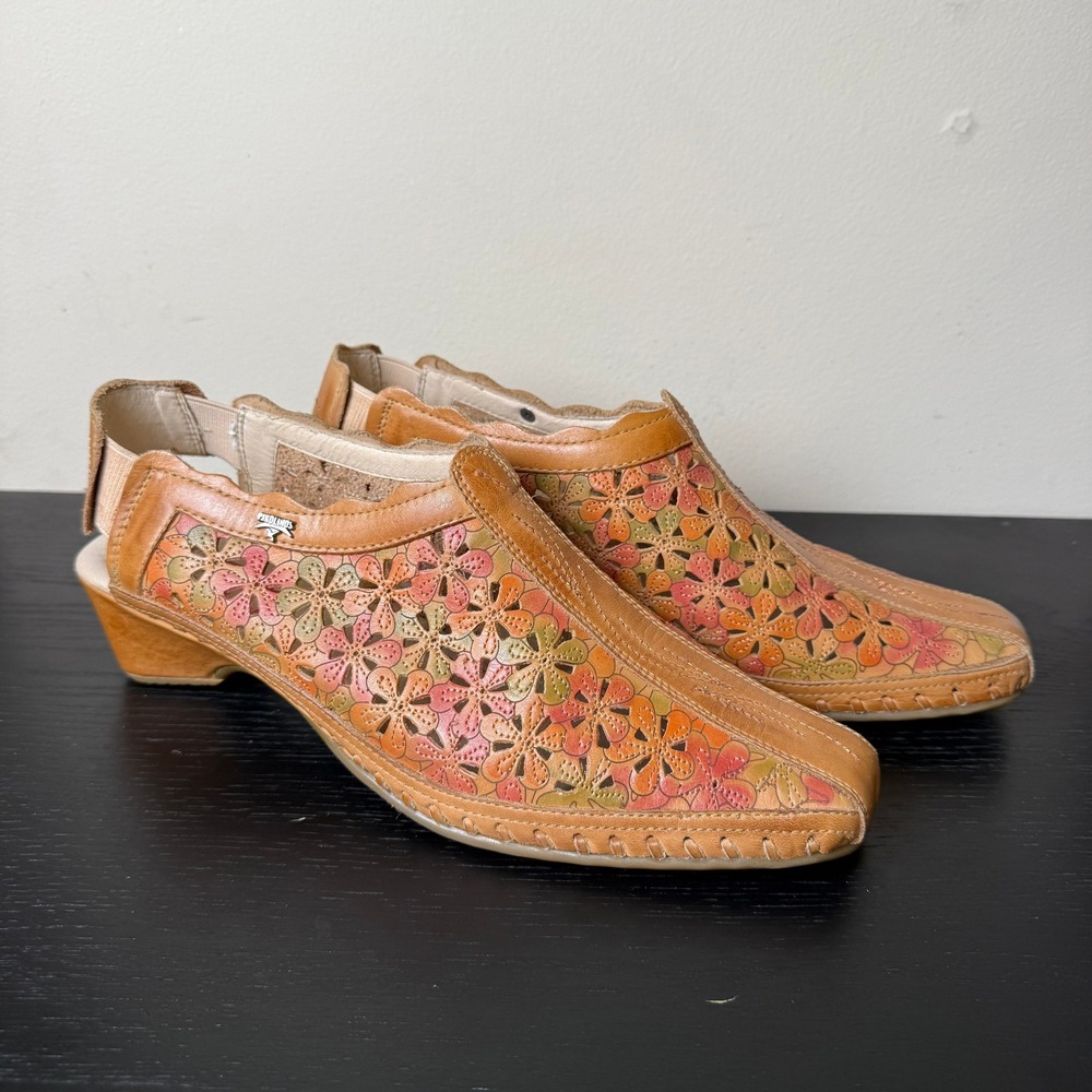 Pikolinos Womens Floral Laser Cut Leather Slingback Wedge Western Sandals Sz 42